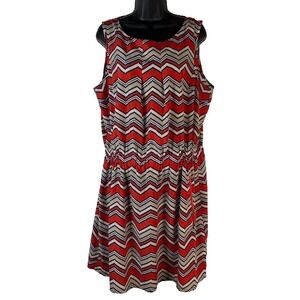 Feathers Womens Dress Red 1X Chevron Print‎ Sleeveless Round Neck Elastic Waist